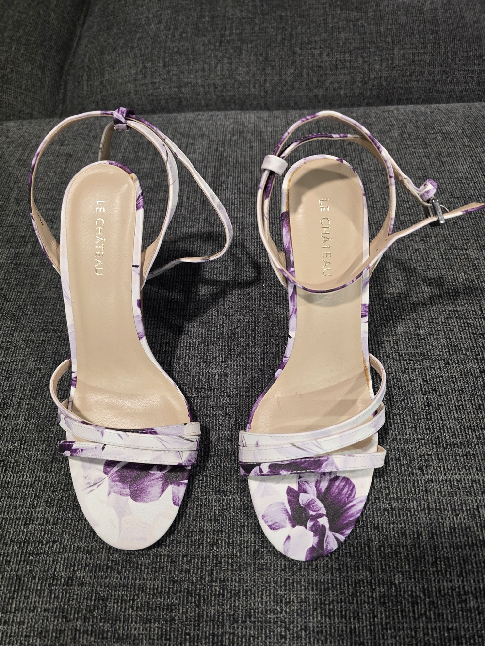 le chateau White and Purple Floral Strappy Ankle-Heel Sandals
